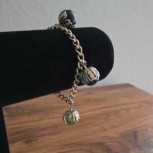 Gold Bracelet w/ Floral Filigree - Glass Ball Charms - Rare Vintage Estate